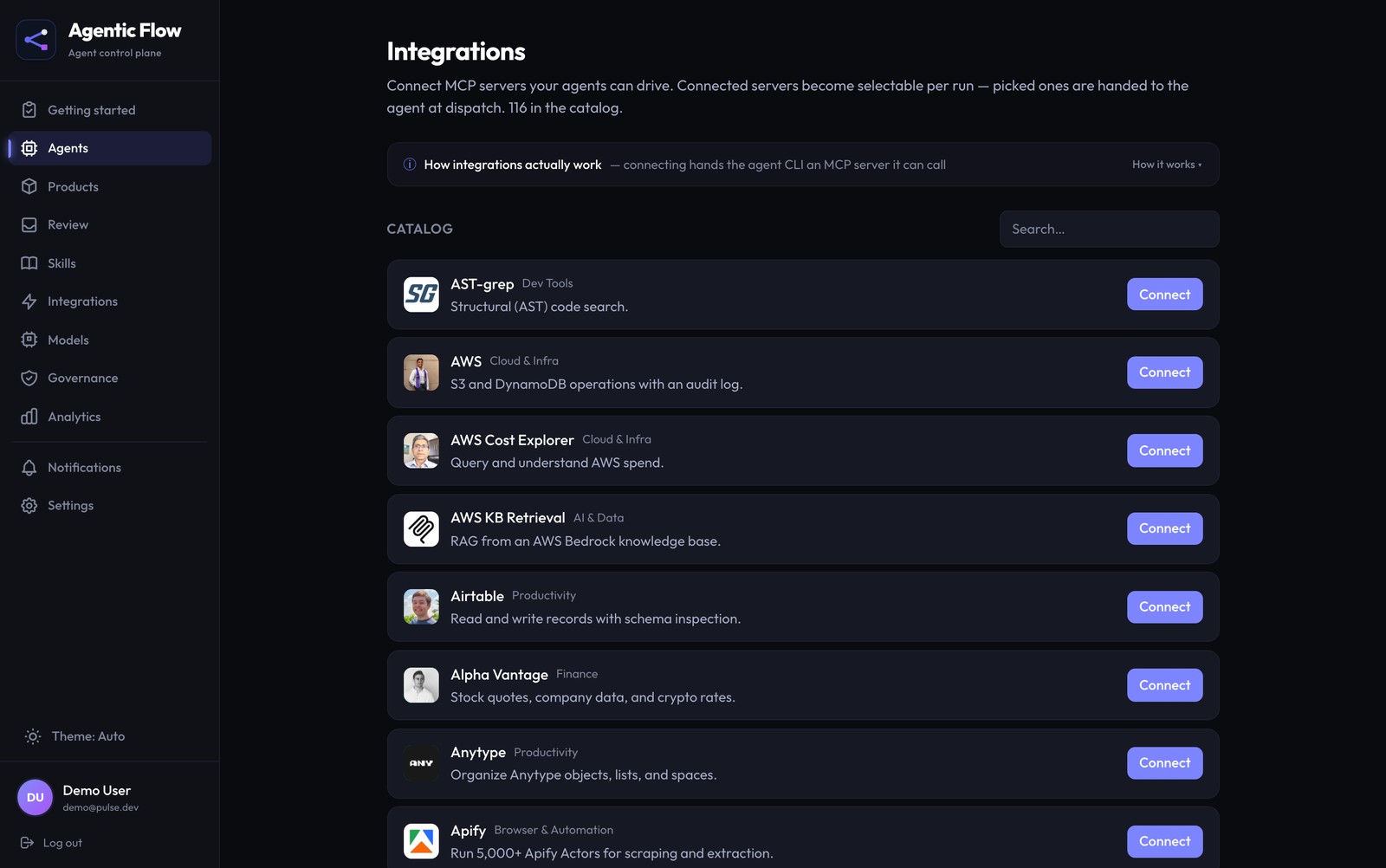 Integrations in Agentic Flow — connect MCP tool servers your agents can drive