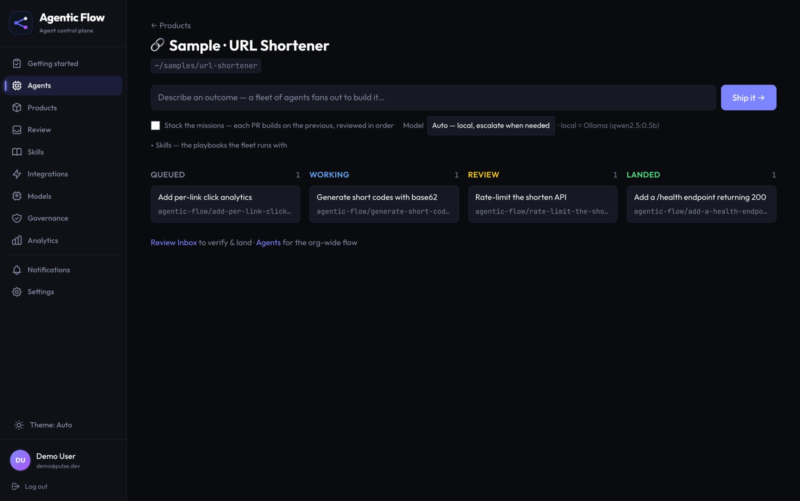 A product in Agentic Flow — missions grouped Queued, Working, Review, Landed
