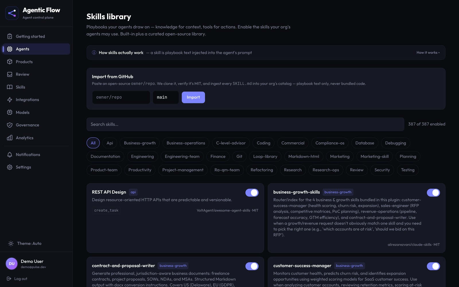 Skills library in Agentic Flow — hundreds of reusable agent playbooks
